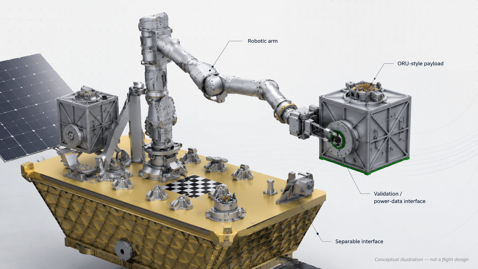 Conceptual illustration of a robotic arm grappling a compact ORU-style payload above a host platform, with callouts for the robotic arm, ORU-style payload, validation/power-data interface, and separable interface. Marked as conceptual, not a flight design.